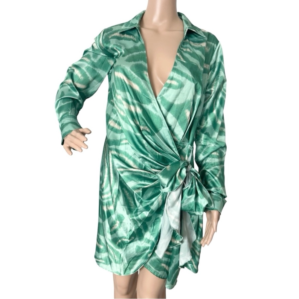 Drop Boutique Long Sleeve Shirt Green Short Wrap Dress